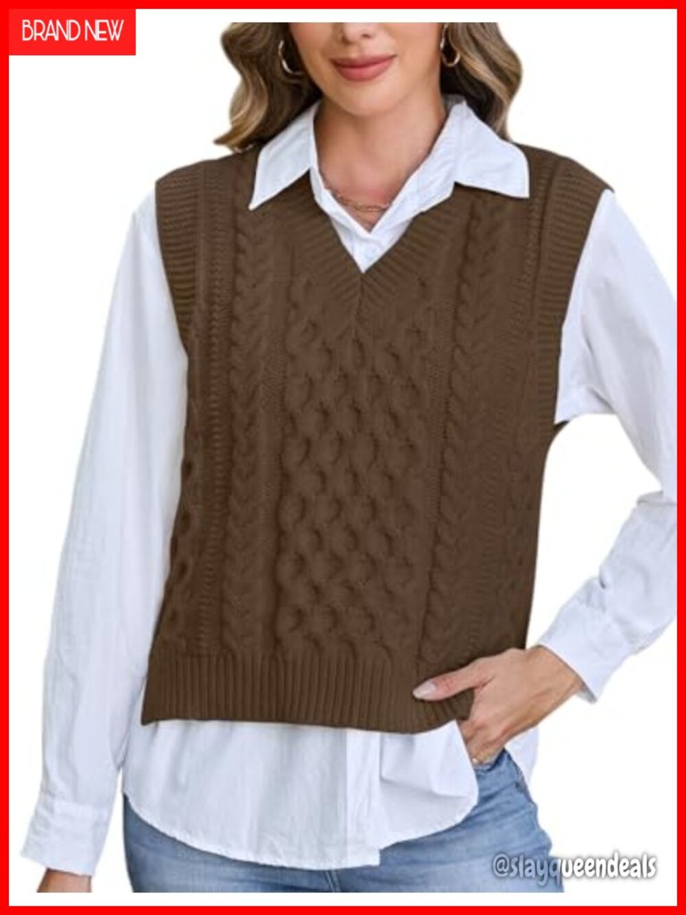 Cable Knit Sweater Vest V Neck Sleeveless Pullover Top